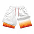 The Demon Slayer-Inspired Gym Shorts with Liner – Rengoku Flame Hashira Design feature a fiery pattern at the hem with gradient yellow, orange, and red hues. These white shorts boast a red drawstring and offer a loose fit and mesh texture for optimal breathability.