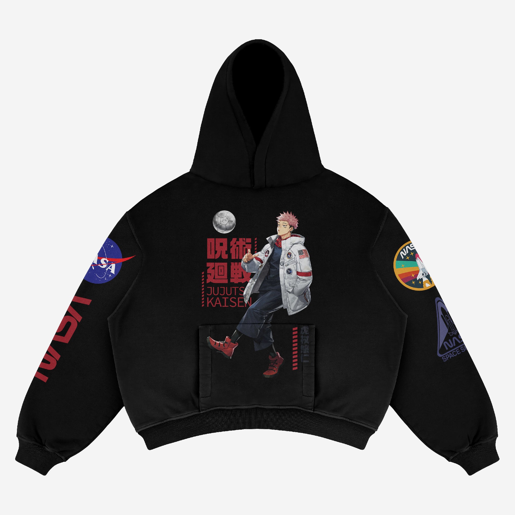 Explore the Exclusive Yuji Itadori NASA Anime Hoodie by Jujutsu Kaisen. This black hoodie features a vivid graphic of Yuji Itadori, red Japanese characters, a moon, "Jujutsu Kaisen" text, and NASA logo sleeve patches. A must-have for Jujutsu Kaisen fans!.