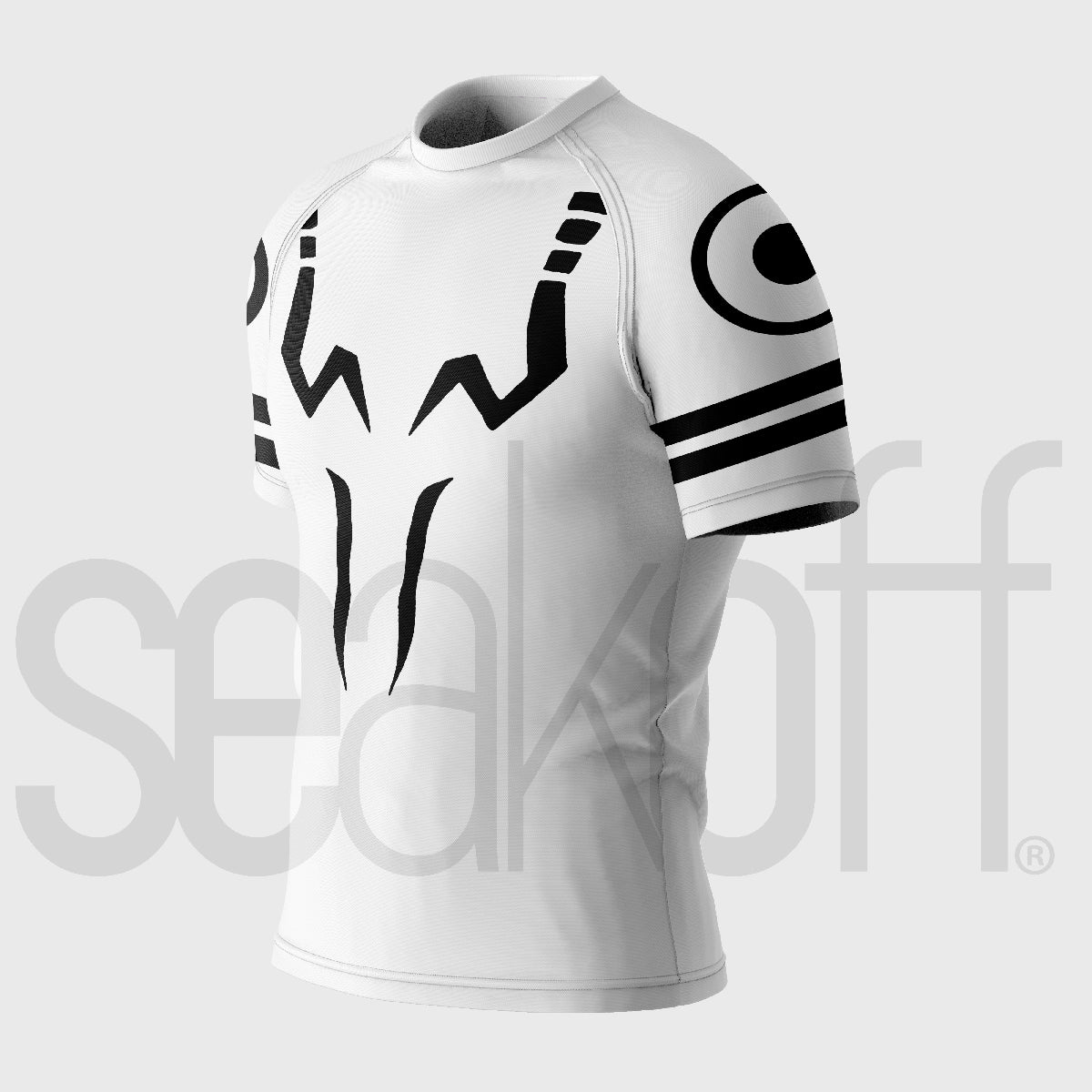 The Sukuna Anime Compression Gym Shirt by Jujutsu Kaisen is a white athletic tee with a bold black abstract design on the chest and sleeves. It features short sleeves, a crew neck, moisture-wicking fabric, quick-dry properties, and a subtle "sealoff" watermark in the background.