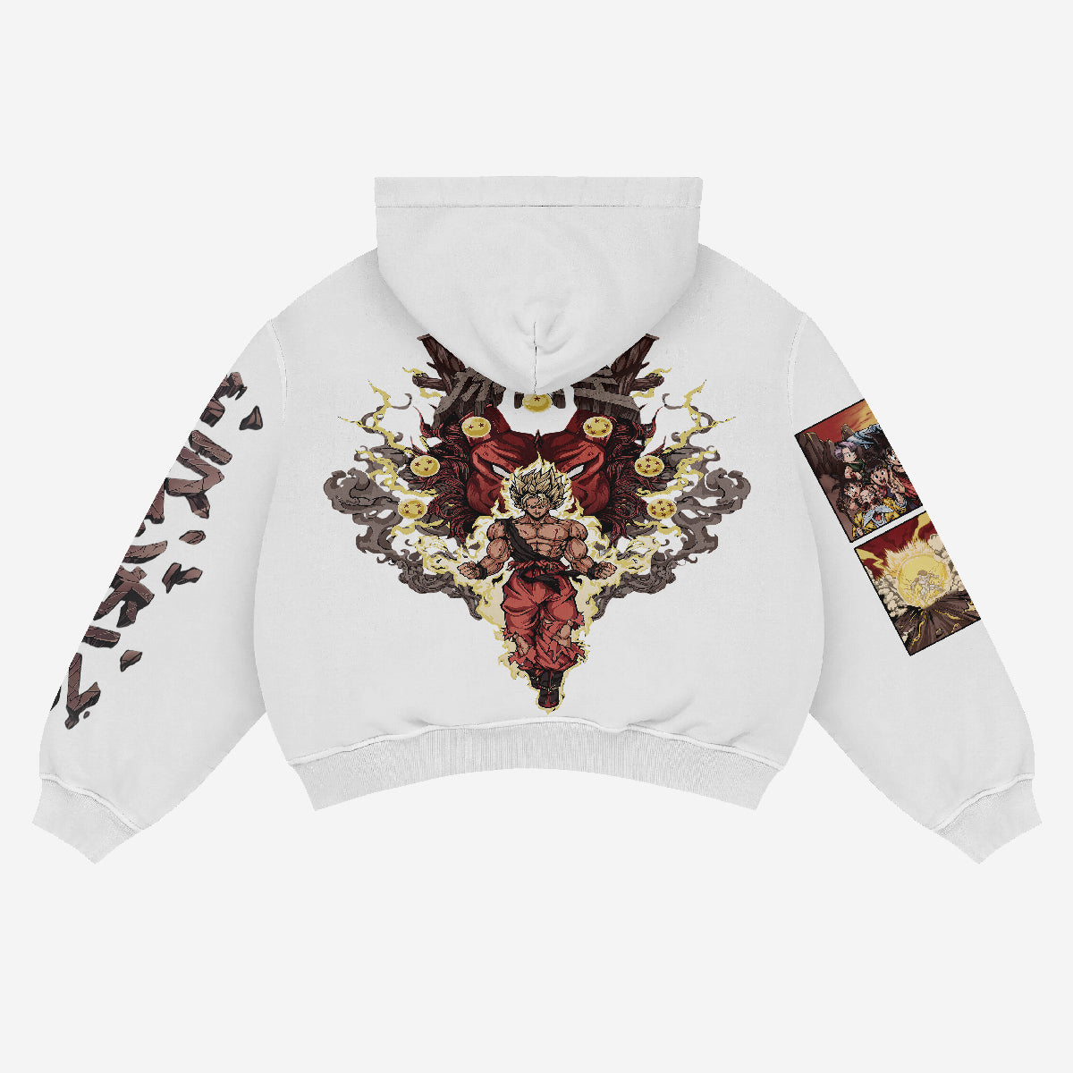 The Seakoff Dragon Ball Super Saiyan Goku Graphic Hoodie, made from high-quality 360 GSM cotton, features a back graphic of a seated figure with a headdress among clouds and symbols. One sleeve displays characters, and the other has a comic-style illustration, offering ultimate comfort in anime streetwear.