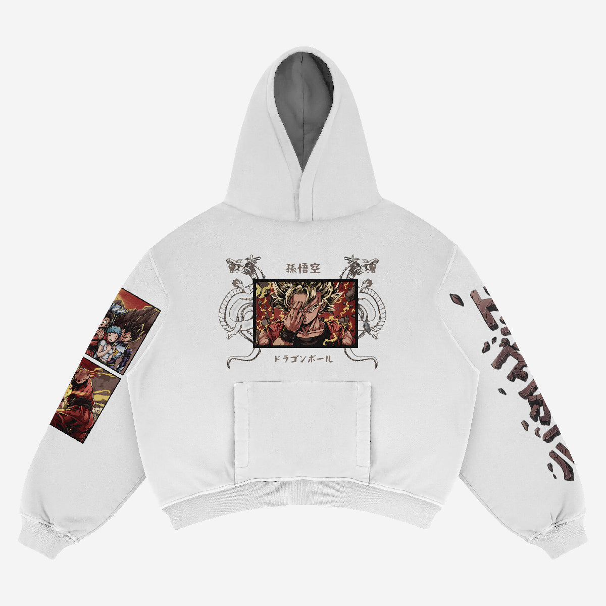 The Seakoff Dragon Ball Super Saiyan Goku Graphic Hoodie is made from high-quality 360 GSM cotton, featuring vibrant anime-style graphics on the back and sleeves. It includes colorful illustrations, text, a front pocket, and a hood for convenience.