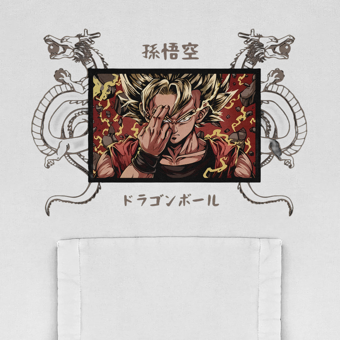 A stylized anime character with spiky hair and a muscular build stands before a Super Saiyan design backdrop, featuring two dragons and Japanese text, reminiscent of the Seakoff&