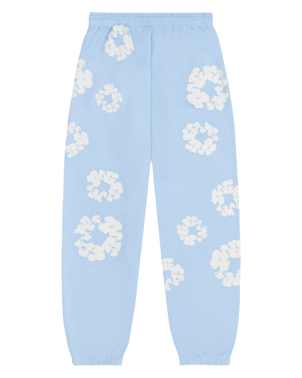 Light Blue “Cotton Wreath” Denim Tears Sweatpants – White Floral Print Streetwear Pants