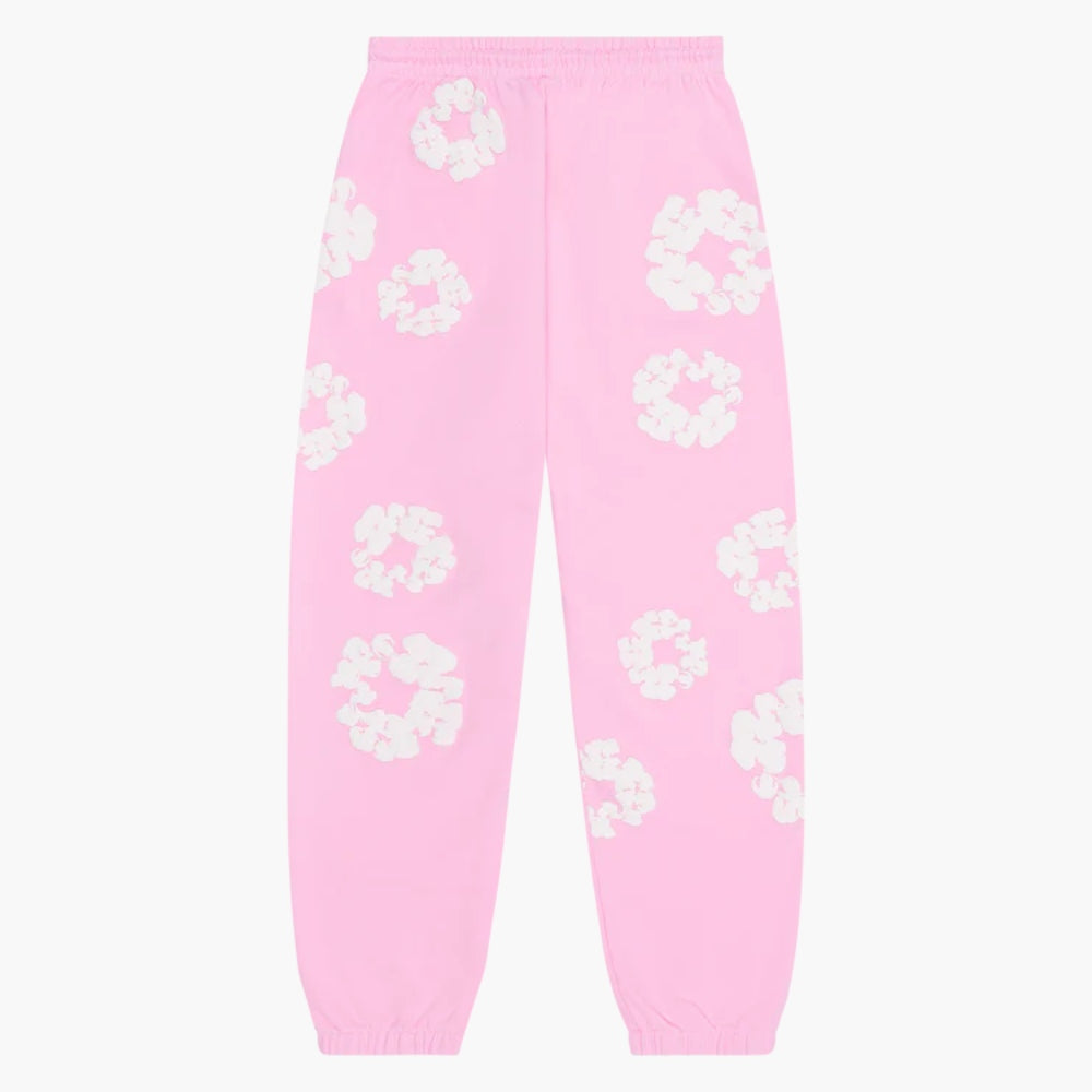 Pink “Cotton Wreath” Denim Tears Sweatpants – White Floral Print Streetwear Pants