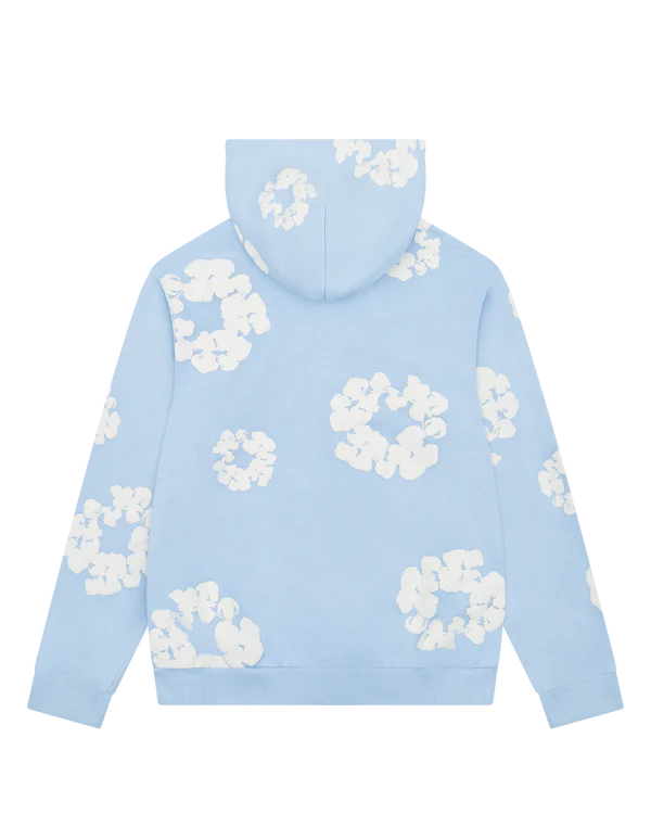 Light Blue “Cotton Wreath” Denim Tears Hoodie – White Floral Print Streetwear Pullover