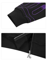 Close-up of the Seakoff Dark Hero Hoodie: The top image focuses on a sleeve with purple stitching, and the bottom shows the zipper area with a silver zipper pull shaped like "K." This oversized black and purple streetwear hoodie suits superhero fans looking for style and flair.