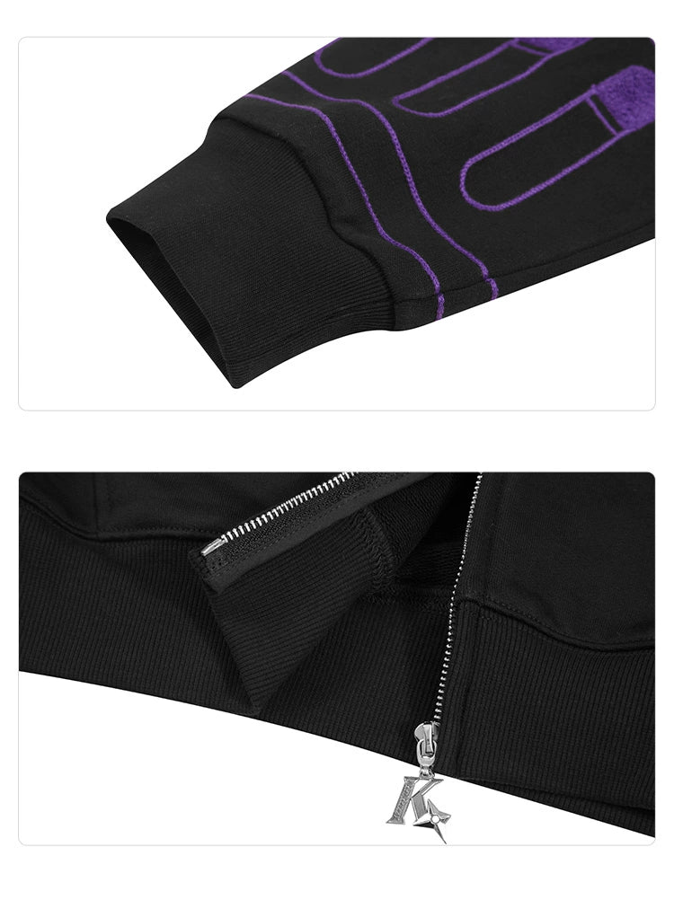 Close-up of the Seakoff Dark Hero Hoodie: The top image focuses on a sleeve with purple stitching, and the bottom shows the zipper area with a silver zipper pull shaped like "K." This oversized black and purple streetwear hoodie suits superhero fans looking for style and flair.