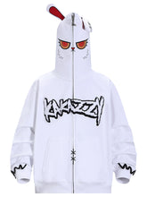 The Seakoff Fierce Bunny Hoodie features a stylized face with red eyes and a unique rabbit ear hood design. It includes graffiti-style text on the front, decorative cuffs, and two front pockets, perfect for an oversized fit, made from 400GSM cotton.