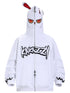 The Seakoff Fierce Bunny Hoodie features a stylized face with red eyes and a unique rabbit ear hood design. It includes graffiti-style text on the front, decorative cuffs, and two front pockets, perfect for an oversized fit, made from 400GSM cotton.