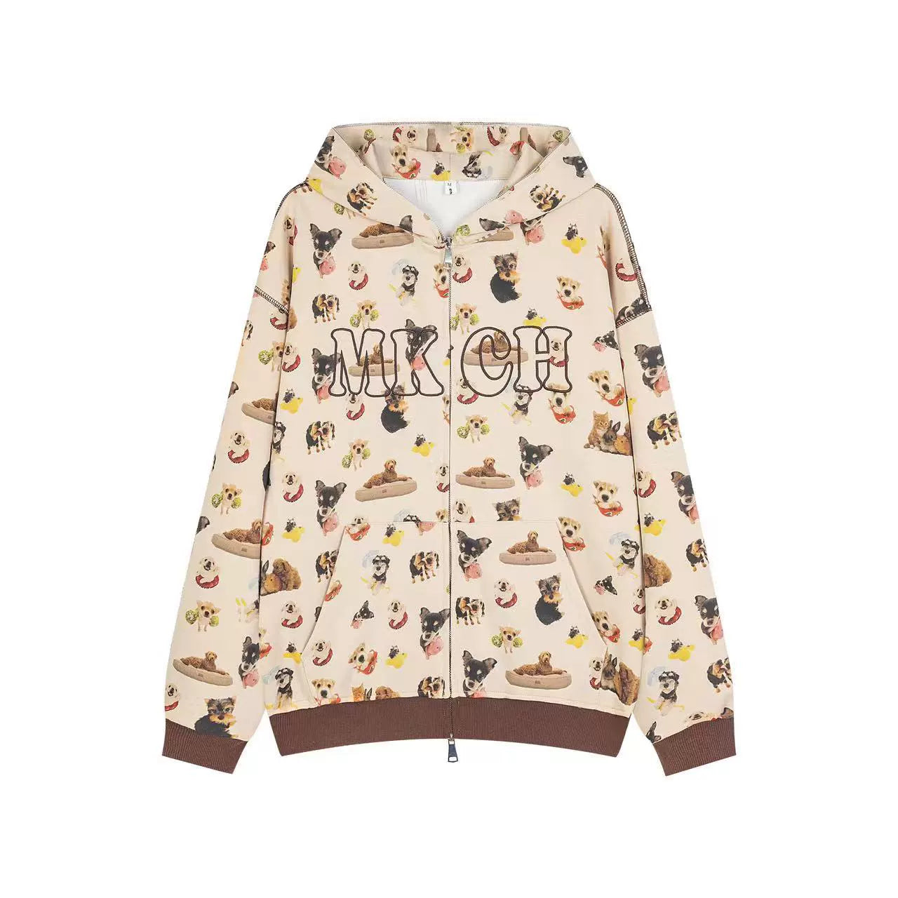 The Seakoff MKCH Dog Print Hoodie is a beige zip-up with playful puppy patterns and "MKCH" on the front. It features contrasting brown cuffs and hem, offering a stylish choice for dog lovers perfect for casual outings.