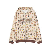 The Seakoff MKCH Dog Print Hoodie is a beige zip-up with playful puppy patterns and "MKCH" on the front. It features contrasting brown cuffs and hem, offering a stylish choice for dog lovers perfect for casual outings.