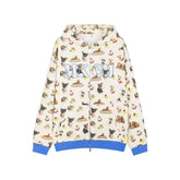 The Seakoff MKCH Dog Print Hoodie is a stylish white zip-up featuring a cute puppy pattern, blue cuffs, and hem. With "MK CH" across the chest, it&