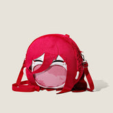 The Seakoff Blue Lock Chigiri Hyoma Plush Shoulder Bag features a circular design with a cartoon face, stylized eyes and hair, a transparent mouth pocket, and an adjustable red strap for effortless style.
