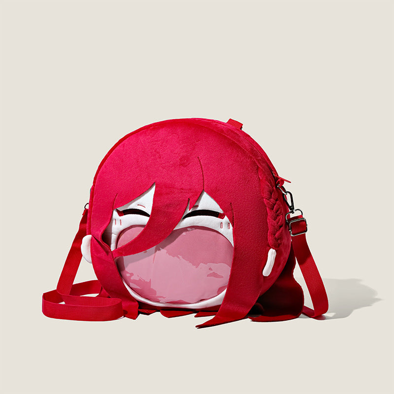 The Seakoff Blue Lock Chigiri Hyoma Plush Shoulder Bag features a circular design with a cartoon face, stylized eyes and hair, a transparent mouth pocket, and an adjustable red strap for effortless style.
