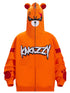 The Seakoff Furious Orange Bear Hoodie features an Angry Bear Face cartoon with ears on the hood, a center zipper, bold "KAKAZZY" across the front, and vibrant red sleeve patch designs. It&