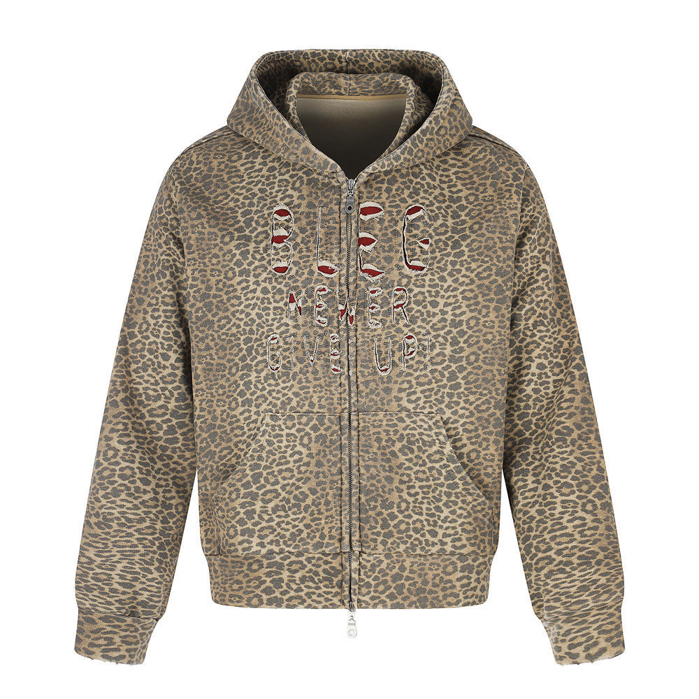 SEAKOFF Leopard Print Zip-Up Hoodie | Distressed Embroidered