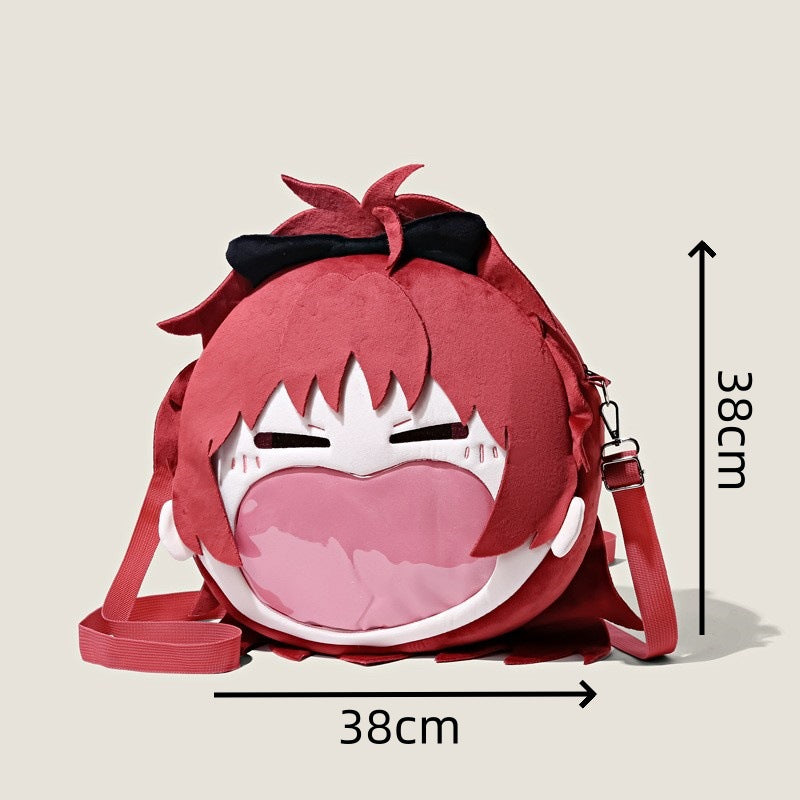 The Seakoff Madoka Magica Kyoko Sakura Plush Shoulder Bag features a fun anime design with a transparent mouth pocket. Measuring 38cm by 38cm, it includes a detachable strap for versatile styling, making it perfect for any fan.