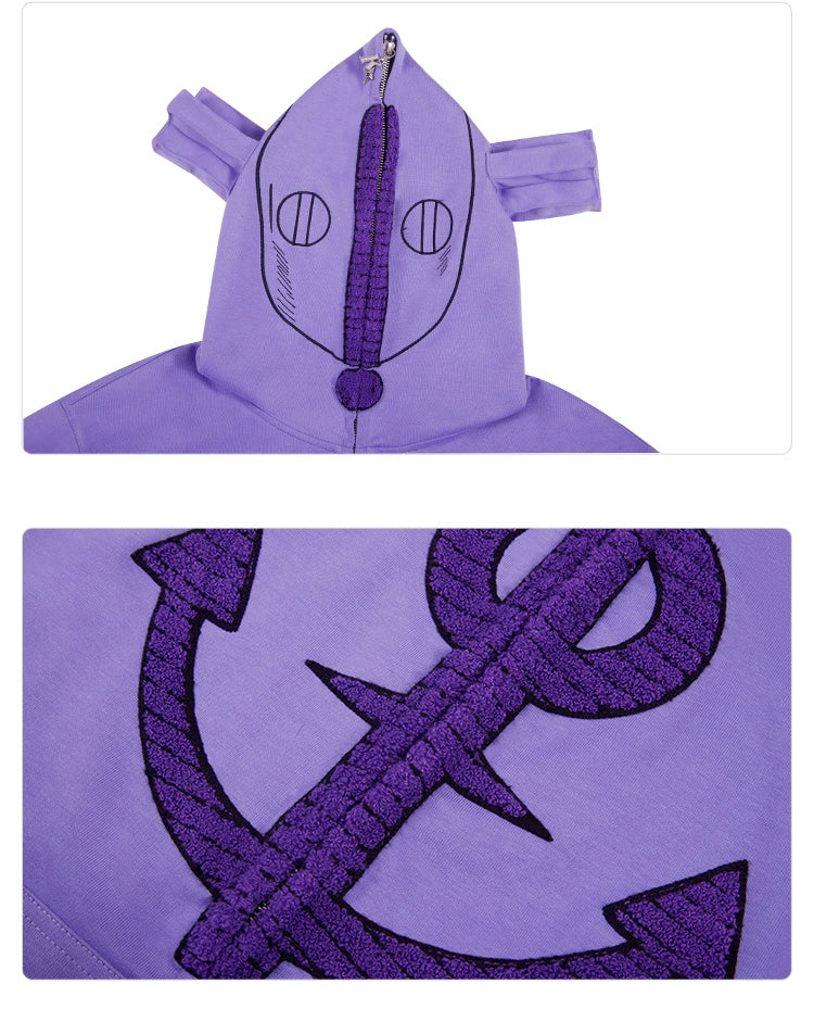 The Seakoff Purple Symbol Hoodie features a 400GSM oversized anime streetwear style with a unique zip-up front, star and ear design on the hood, and an anchor motif highlighted by bold black stitching.