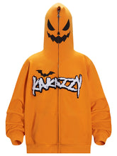 The Seakoff Halloween Pumpkin Hoodie is an oversized 400GSM zip-up sweatshirt in vibrant orange with a jack-o&
