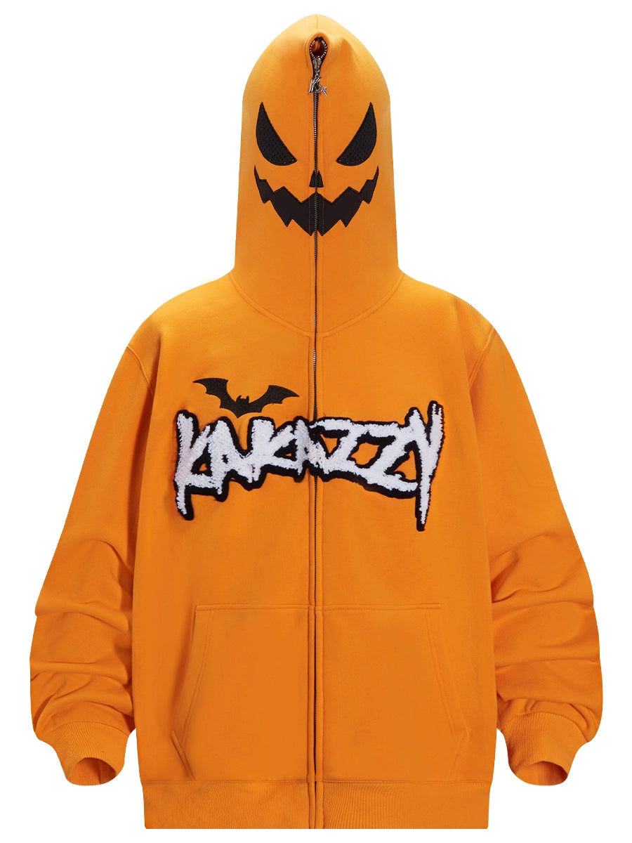 The Seakoff Halloween Pumpkin Hoodie is an oversized 400GSM zip-up sweatshirt in vibrant orange with a jack-o&