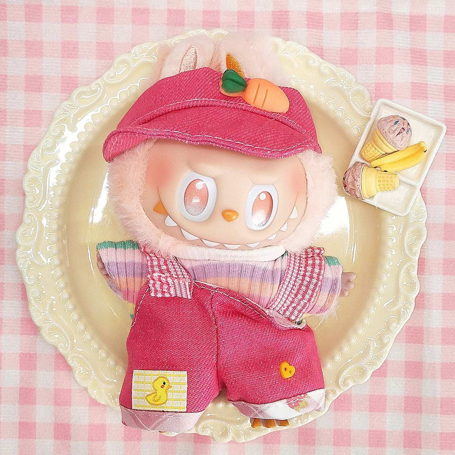 Labubu Pink Striped Tee & Hot Pink Overalls Outfit – All-Series Doll Clothes