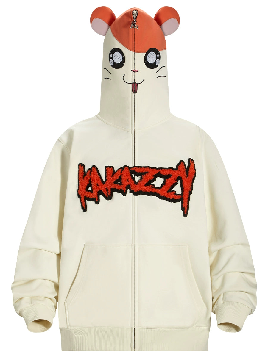 This Cute Hamster Cartoon Hoodie by Seakoff, made from 400GSM cotton, features a playful ear design on its cream-colored hood with a cute hamster face. "KANAZZY" is prominently displayed in red and black on the front. A central zipper adds convenience, making it ideal for cartoon enthusiasts.