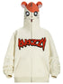 This Cute Hamster Cartoon Hoodie by Seakoff, made from 400GSM cotton, features a playful ear design on its cream-colored hood with a cute hamster face. "KANAZZY" is prominently displayed in red and black on the front. A central zipper adds convenience, making it ideal for cartoon enthusiasts.