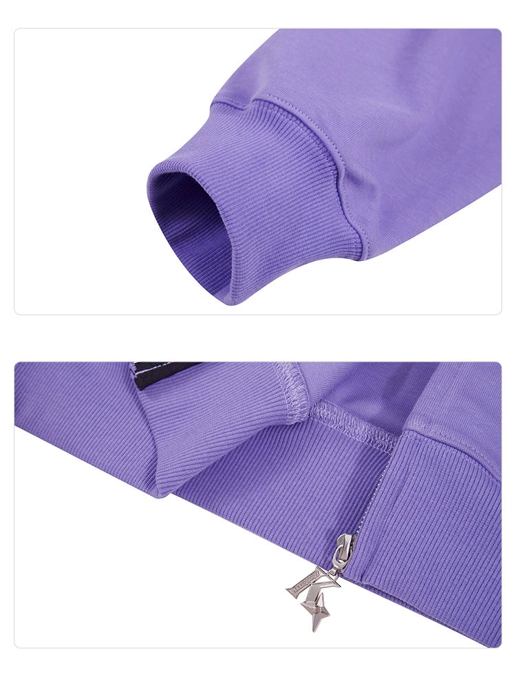 Close-up details of the Seakoff Purple Symbol Hoodie: the top image shows a ribbed cuff sleeve on this oversized 400GSM anime streetwear, and the bottom image features a ribbed hem with a silver zipper and charm.