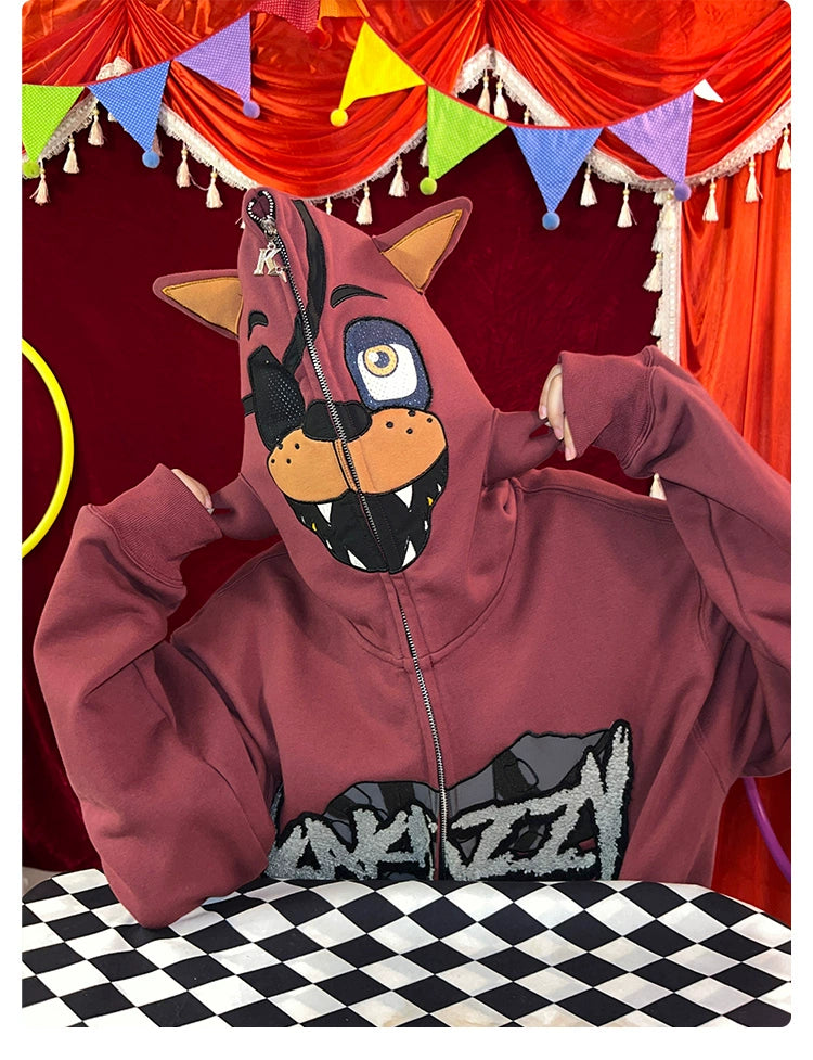 Clad in a Seakoff Foxy-Inspired Hoodie - a 400GSM oversized red zip-up sweatshirt reminiscent of Five Nights at Freddy&