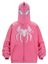 The Spider-Inspired Hoodie from Seakoff is an oversized 400GSM pink zip-up sweatshirt with a superhero streetwear design, featuring a spider logo and web patterns. Its fully zippered hood has eye-shaped mesh insets, offering both style and functionality.