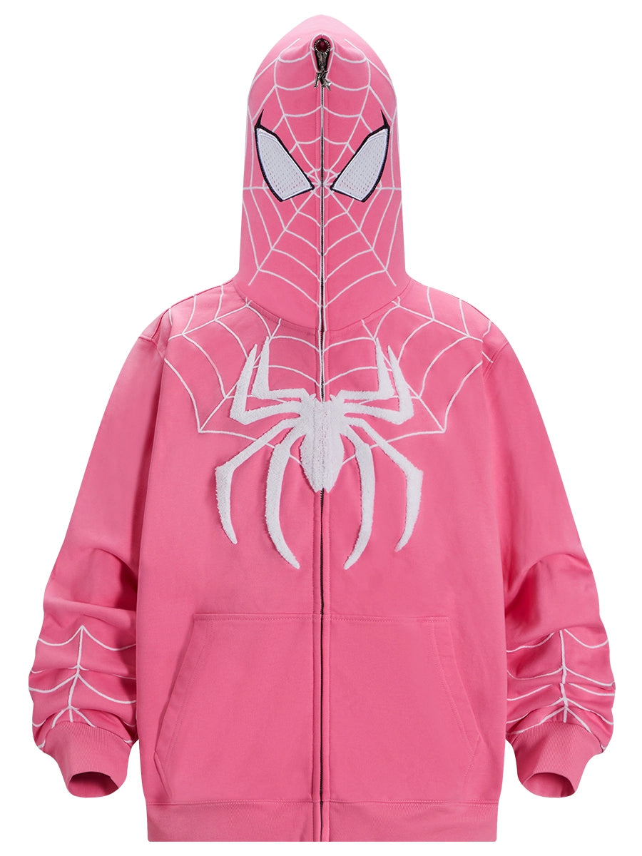 The Spider-Inspired Hoodie from Seakoff is an oversized 400GSM pink zip-up sweatshirt with a superhero streetwear design, featuring a spider logo and web patterns. Its fully zippered hood has eye-shaped mesh insets, offering both style and functionality.