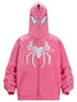 The Spider-Inspired Hoodie from Seakoff is an oversized 400GSM pink zip-up sweatshirt with a superhero streetwear design, featuring a spider logo and web patterns. Its fully zippered hood has eye-shaped mesh insets, offering both style and functionality.