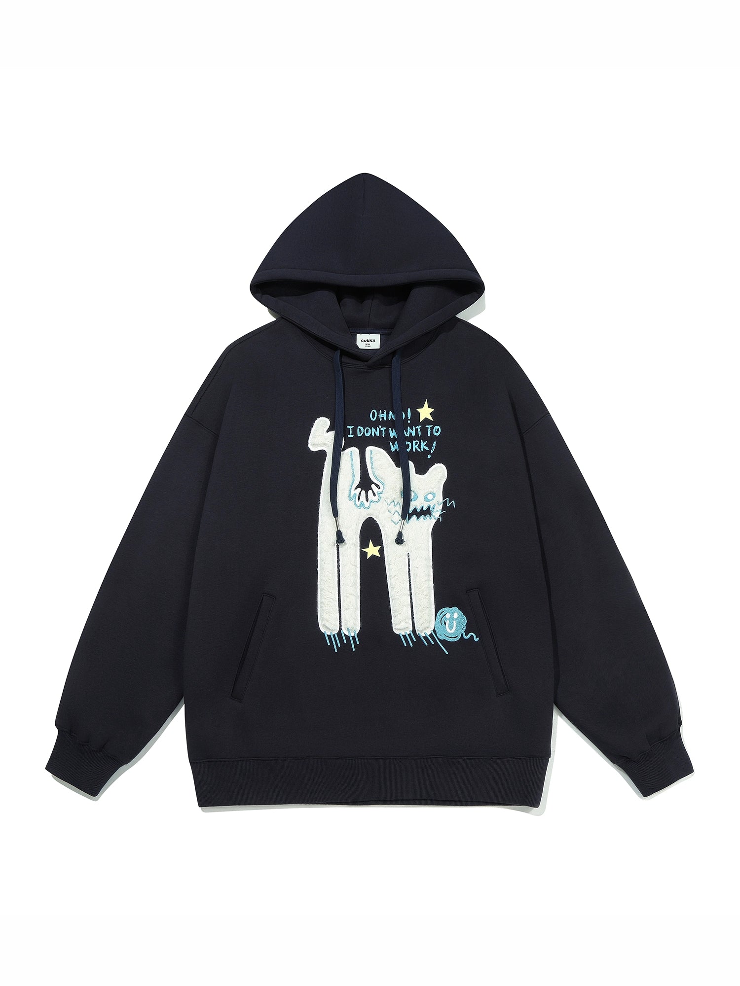This oversized black hoodie from Seakoff, ideal for casual wear, features a cartoon-like lazy cat design surrounded by stars with the text "Oh No! I Don&