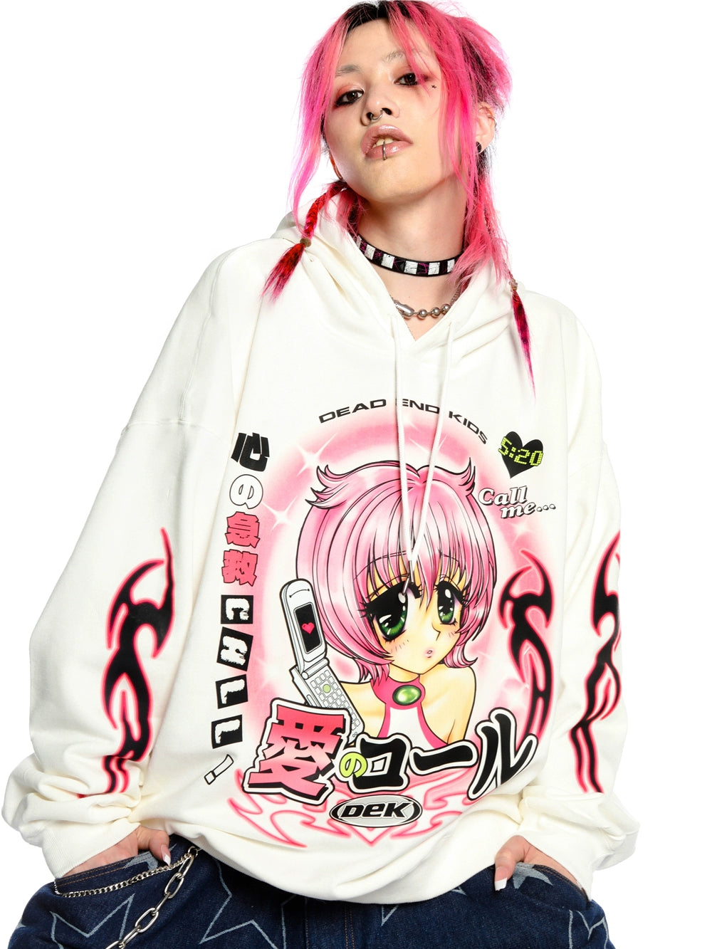 A person with pink hair and a choker models the Seakoff Y2K Aesthetic Anime Hoodie, showcasing retro manga girl graphics with pink hair, a kawaii phone design, and Y2K-style flames and embellishments.