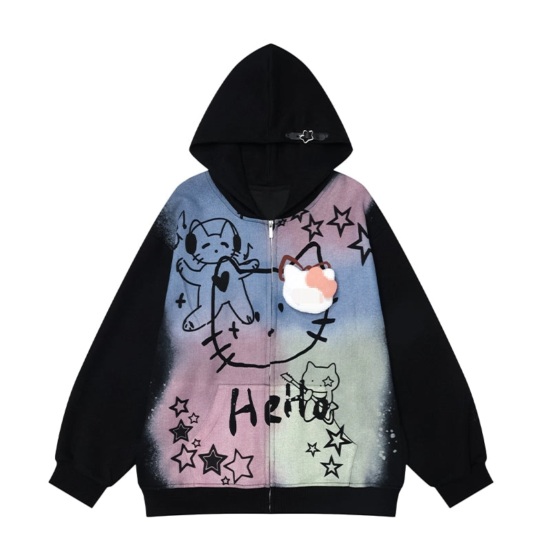 The Seakoff Pastel Cat Graffiti Hoodie is a streetwear-inspired full-zip hoodie featuring colorful cat and star graphics with the word "Hello" on a purple-blue-green gradient. Black sleeves and hood complete its kawaii flair.