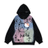 The Seakoff Pastel Cat Graffiti Hoodie is a streetwear-inspired full-zip hoodie featuring colorful cat and star graphics with the word "Hello" on a purple-blue-green gradient. Black sleeves and hood complete its kawaii flair.