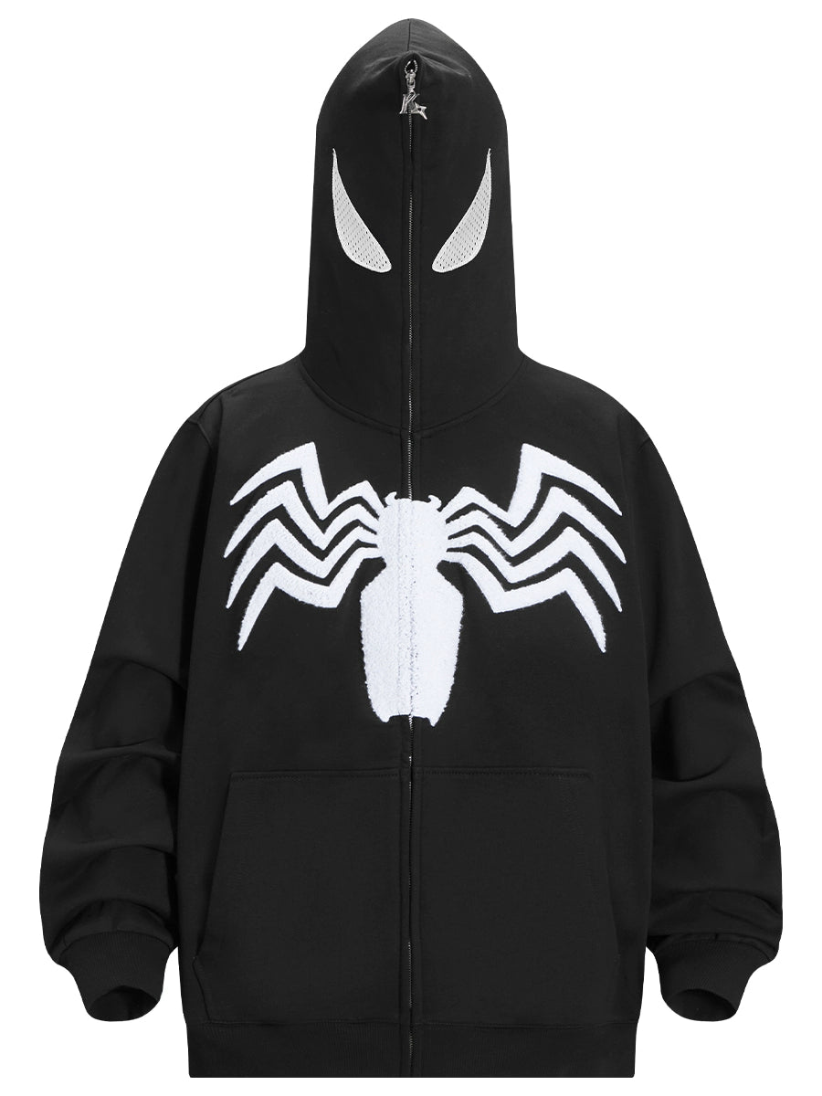 The Seakoff Venom Spider Hoodie is a 400GSM oversized black and white zip-up sweatshirt for superhero fans, featuring a full-face zipper, white eye-like designs on the hood, and a bold Spider Emblem graphic across the chest. Perfect for streetwear enthusiasts.