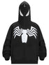 The Seakoff Venom Spider Hoodie is a 400GSM oversized black and white zip-up sweatshirt for superhero fans, featuring a full-face zipper, white eye-like designs on the hood, and a bold Spider Emblem graphic across the chest. Perfect for streetwear enthusiasts.