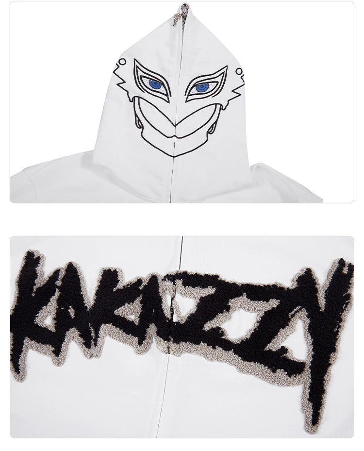 The top image features the Berserk Griffith-Inspired Hoodie, a white oversized zip-up with a stylized face and blue eyes on the hood. The bottom image shows "KAKAZZY" in bold black letters on the back, ideal for anime fans seeking unique merchandise.