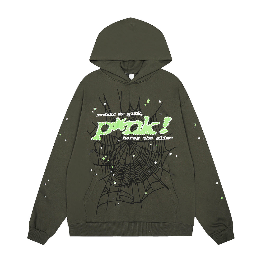 Sp5der “P!nk! Hares the Slime” Hoodie – Olive Green 440GSM Heavyweight Spider-Web Pullover