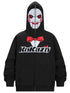 The Seakoff Saw-Inspired Hoodie is a 400GSM oversized black zip-up perfect for horror fans, featuring a Billy the Puppet-style face with red eyes, swirled cheeks on the hood, a red bowtie design, and "Kakazzy" across the chest.