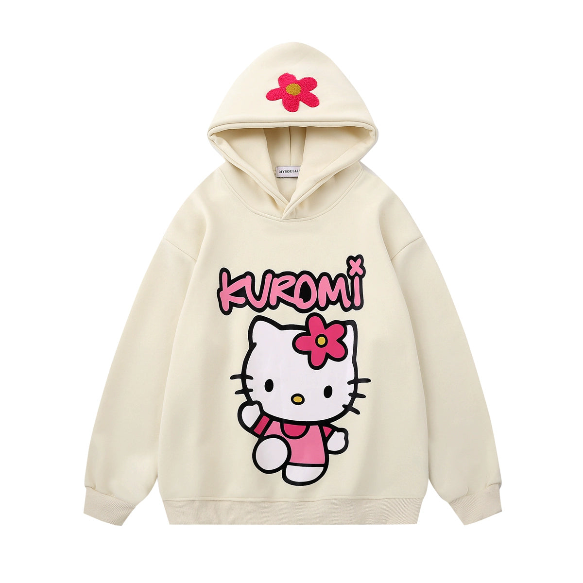 The Seakoff Kawaii Hello Kitty Oversized Hoodie features the beloved character in pink with a flower design, "Kuromi" in pink and black lettering, and a charming pink flower on the hood. Perfect for kawaii fashion lovers!.