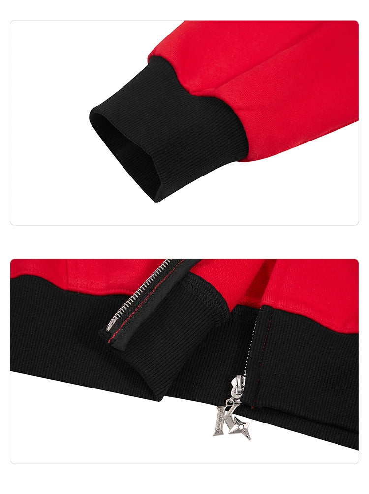 Close-up images of the Seakoff Deadpool-Inspired Hoodie reveal its oversized fit with black ribbed cuffs and hem. The hoodie showcases a silver zipper adorned with a decorative pendant, adding streetwear flair to this 400GSM red and black superhero zip-up sweatshirt.