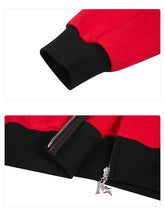 Close-up images of the Seakoff Deadpool-Inspired Hoodie reveal its oversized fit with black ribbed cuffs and hem. The hoodie showcases a silver zipper adorned with a decorative pendant, adding streetwear flair to this 400GSM red and black superhero zip-up sweatshirt.