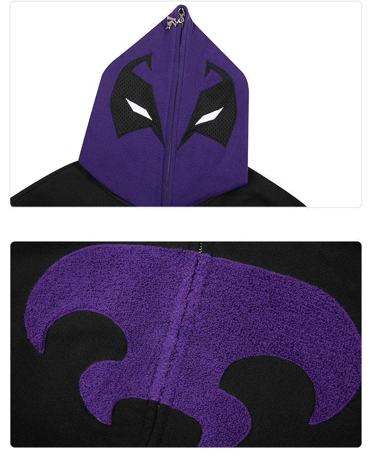 The Seakoff Dark Hero Hoodie is a black and purple 400GSM oversized zip-up sweatshirt with an abstract face hood featuring white eyes. The upper image highlights the hood and zipper pull; the lower shows a purple logo on the back, ideal for dark hero fans.