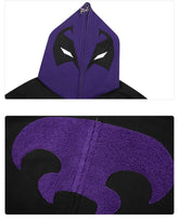 The Seakoff Dark Hero Hoodie is a black and purple 400GSM oversized zip-up sweatshirt with an abstract face hood featuring white eyes. The upper image highlights the hood and zipper pull; the lower shows a purple logo on the back, ideal for dark hero fans.
