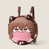 The Seakoff Bungo Stray Dogs Atsushi Nakajima Plush Shoulder Bag showcases a unique anime design with cat ears, brown hair, and a prominent pink transparent mouth pocket. Equipped with adjustable brown straps and a top zipper, it’s perfect for fans of distinct accessories.