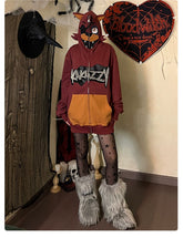 A person in a Halloween costume stands indoors wearing a Seakoff Foxy-Inspired Hoodie, an oversized red zip-up sweatshirt from Five Nights at Freddy&