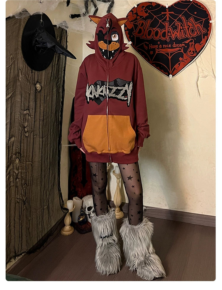 A person in a Halloween costume stands indoors wearing a Seakoff Foxy-Inspired Hoodie, an oversized red zip-up sweatshirt from Five Nights at Freddy&