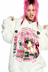 A person with pink hair poses fiercely in a Seakoff Y2K Aesthetic Anime Hoodie. The white pullover flaunts a retro manga girl graphic, big eyes, and a kawaii phone design. Flames and Japanese text add flair with "Dead End Kids.